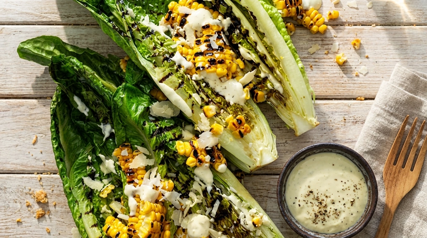 Grillad romansallad och majs med caesardressing